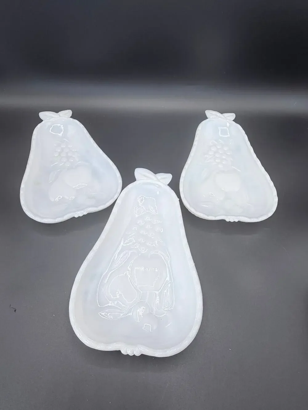 Vintage Hazel Atlas Blossom Milk Glass Pear Relish Dishes Set of 3 8in